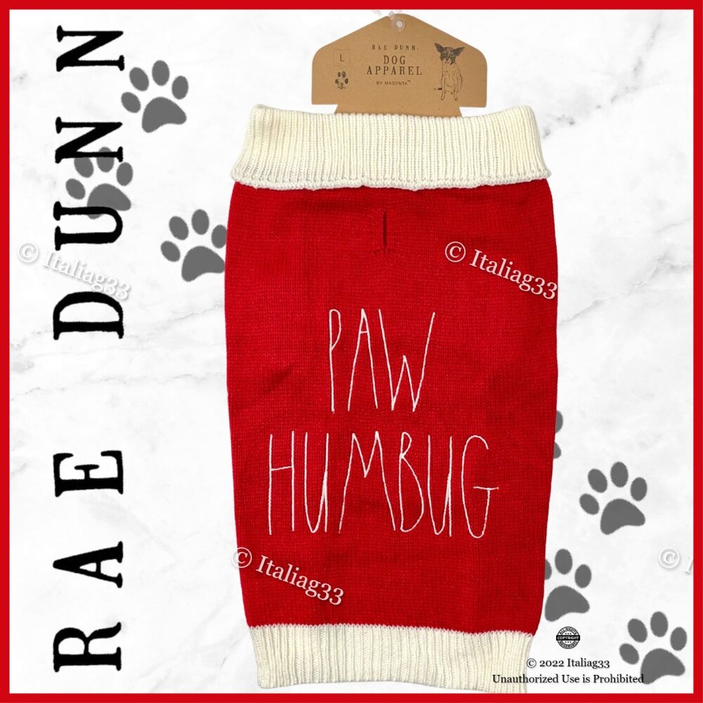 Rae Dunn Dog Sweater PAW HUMBUG Sz Large Winter Coat Clothing Red & Cream NEW